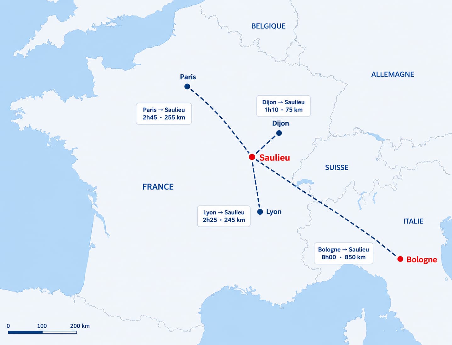 Location map of SAS France Saulieu and Bologna